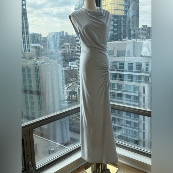 🆕 SIMKHAI 🧿 NWOT Acacia Draped Ruched Jersey Midi Dress, Blue Haze - Sz L - Picture 3 of 15